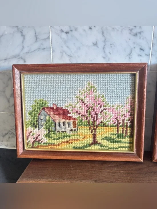 Vintage Pair of Small Framed Needlepoint Art of Spring and Winter Landscapes - Picture 2 of 10